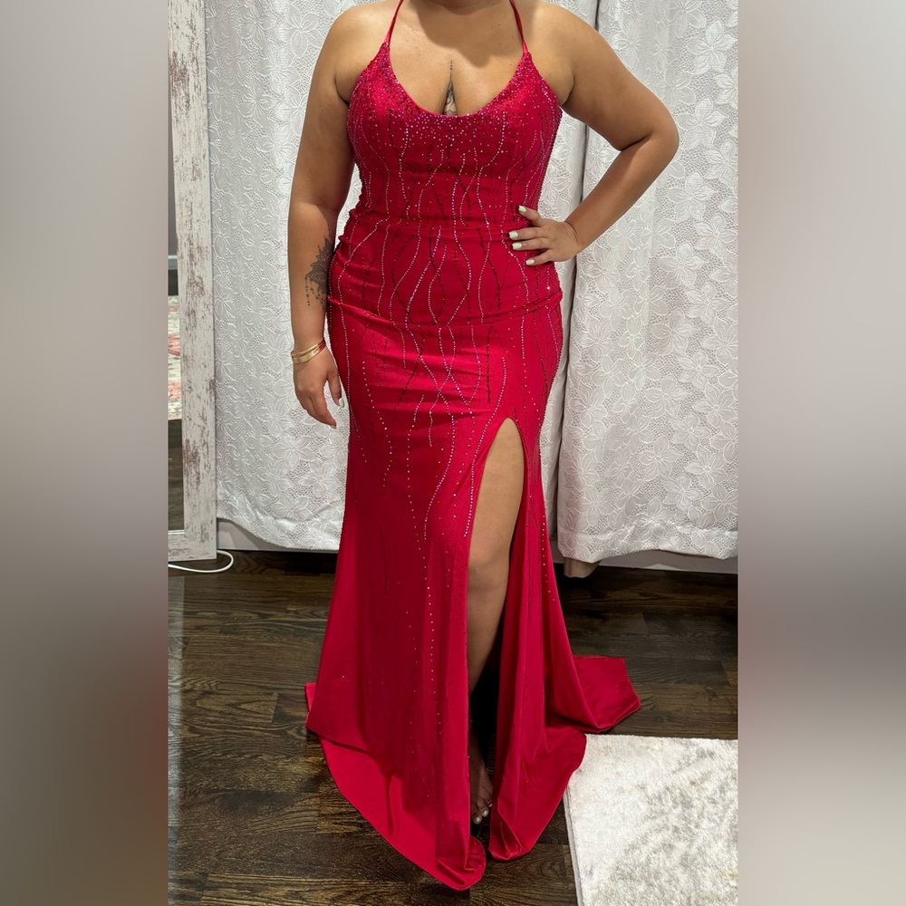 Camille La Vie Red Satin Lycra Drizzle Beaded Lace Up Trumpet Dress